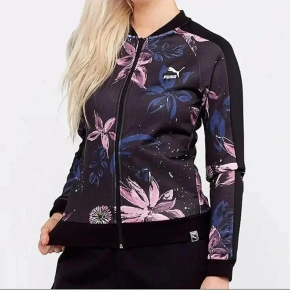 Puma Archive T7 Track Zip Up Track Jacket Black Purple Floral Sporty Women Sz XS - Picture 2 of 11